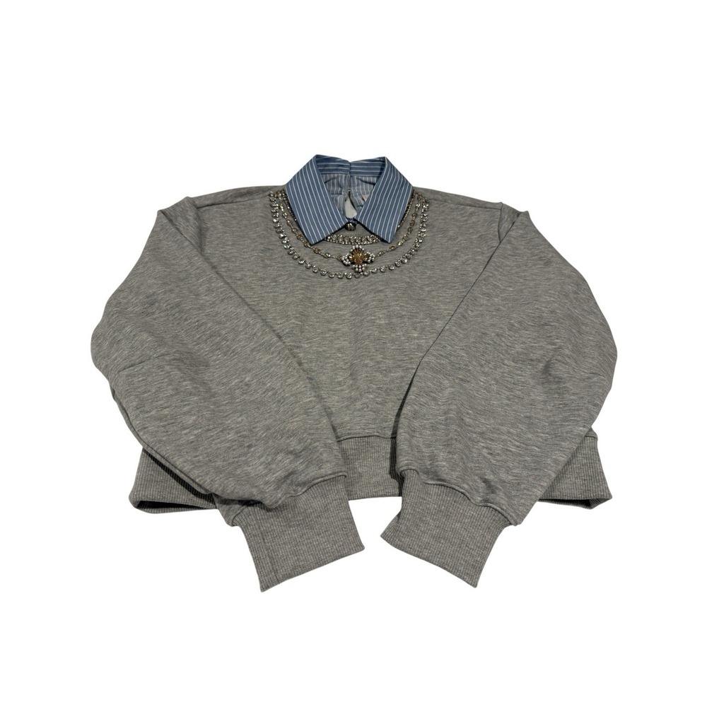 NWT Cinq à Sept Lavina Pullover Embellished Collared Sweater Gray Women's M